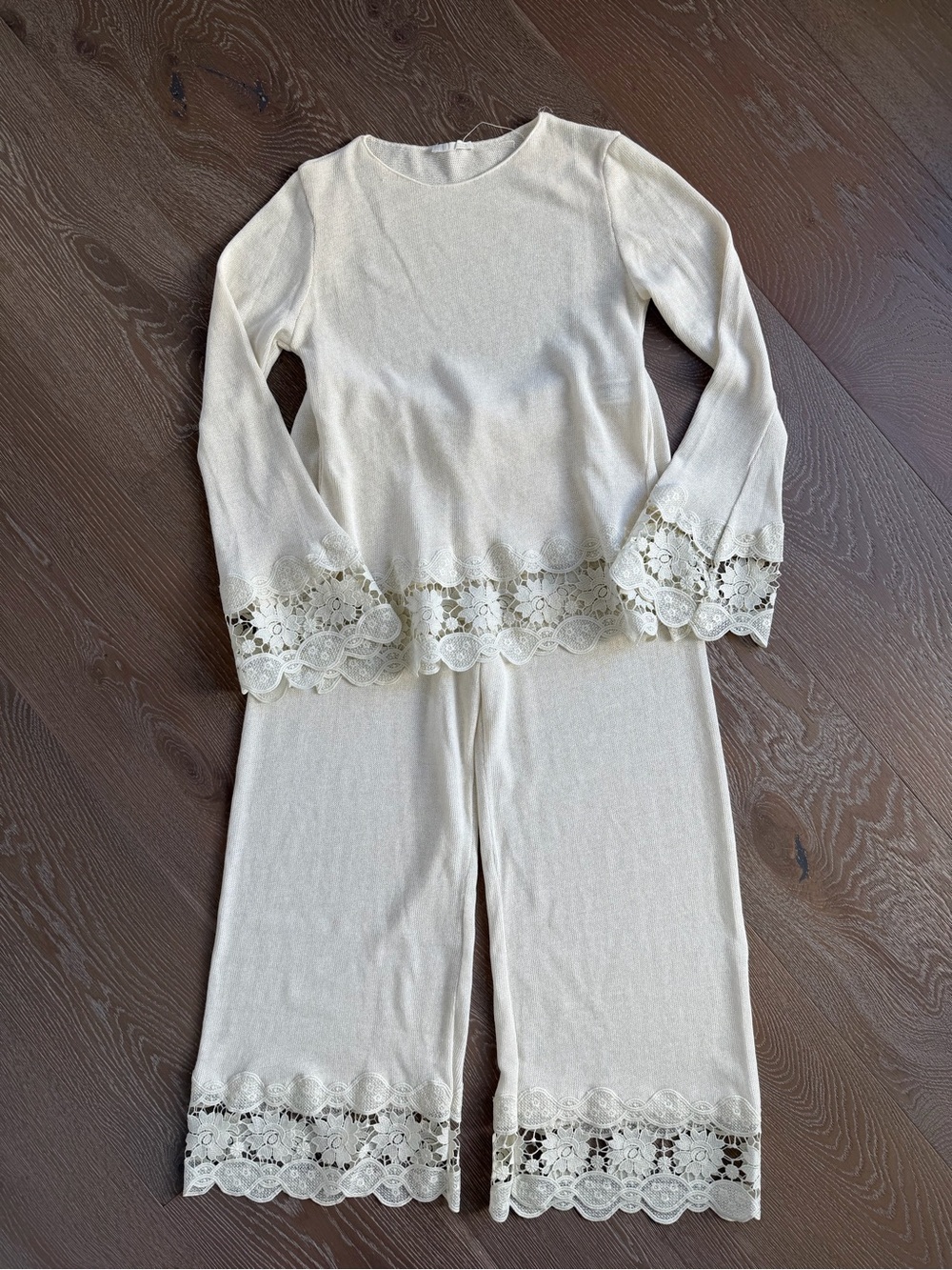 Zara NWT Ivory Lace Trim Knit Matching Set, Shirt and Pant, Large - Picture 5 of 11